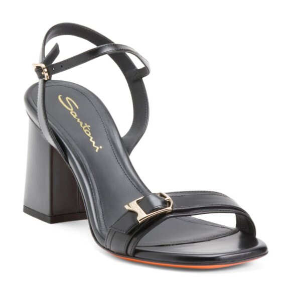 SANTONI Made In Italy Leather Block Heeled Sandals - Picture 1 of 3